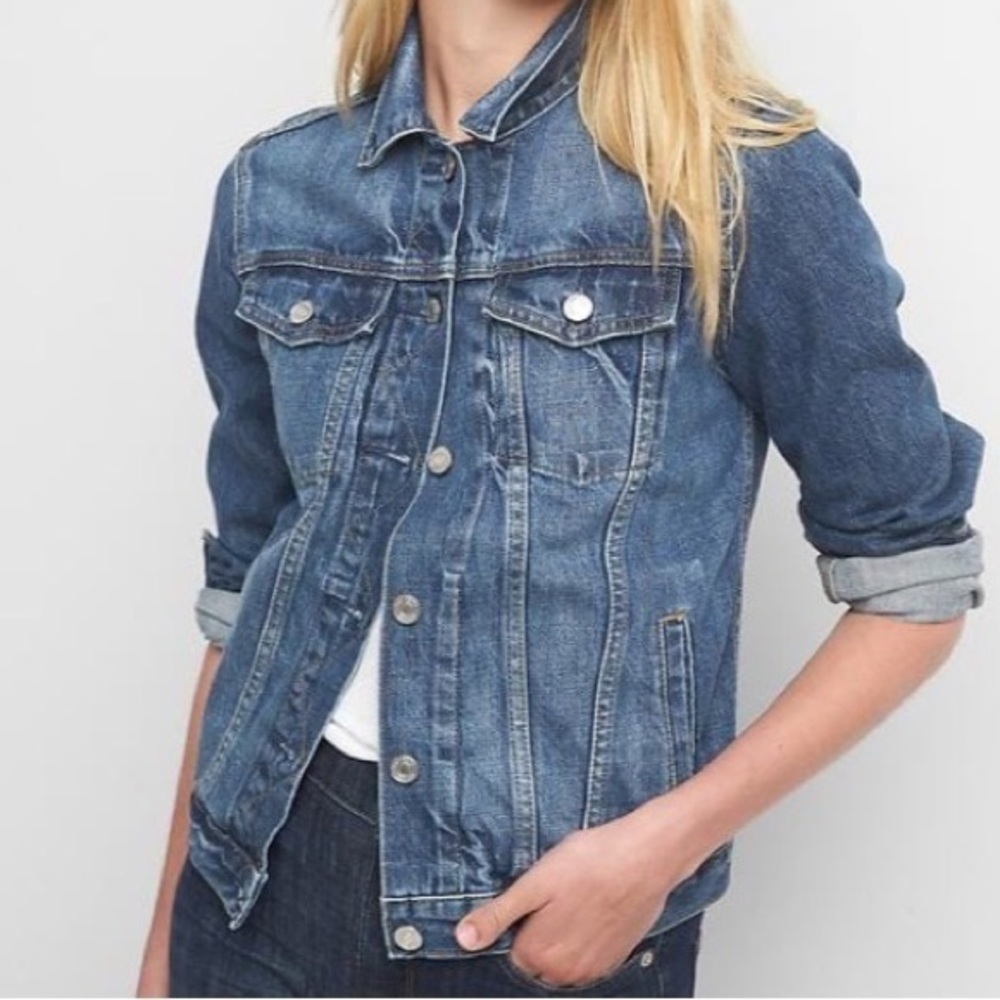 GAP Icon Denim Jean Trucker Jacket Medium Saddle Blue Wash XS - Picture 2 of 11